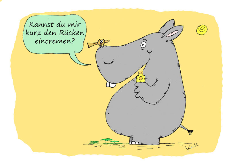 Flusspferd bittet kleinen Vogel ihm den Rücken mit Sonnencreme einzucremen. Cartoon Oliver Kock Greenfluencer
