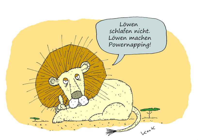 Löwe sagt, er schläft nicht, denn Löwen machen Powernapping! Cartoon Oliver Kock Greenfluencer