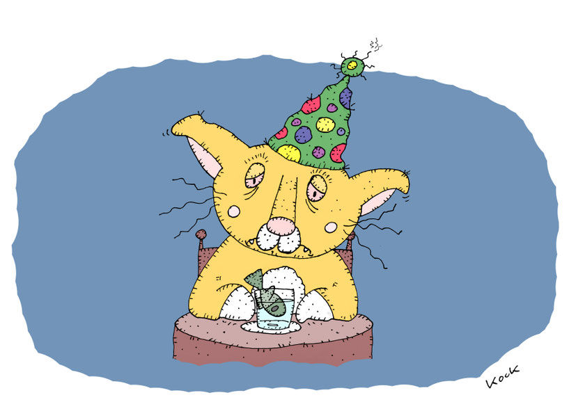 Katze hat nach Silvester einen schlimmen Kater. Cartoon Oliver Kock Greenfluencer