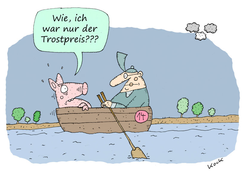 Schwein reagiert schockiert, als es bei Ruderpartie erfährt, dass es nur ein Trostpreis war. Cartoon Oliver Kock Greenfluencer