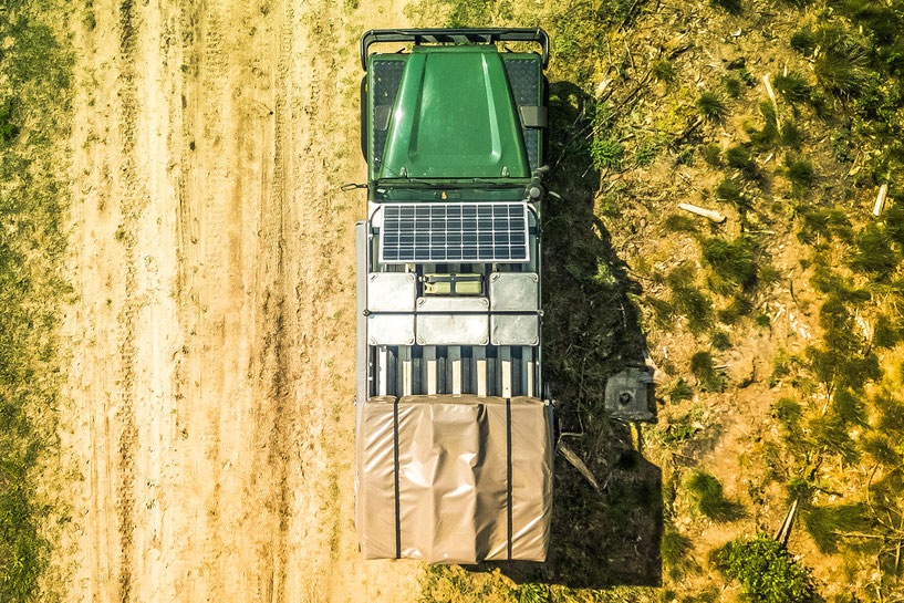 Top view of the roof rack on our overland Defender 110 camper