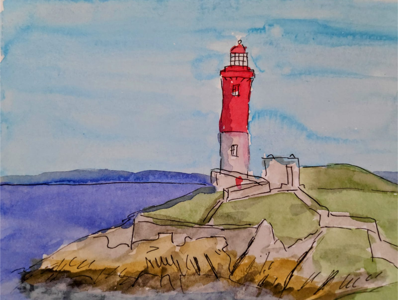 Aquarelle d'un phare rouge et blanc sur une falaise herbeuse près de la mer. Le paysage comprend des rochers, de l'herbe verte et un ciel bleu clair