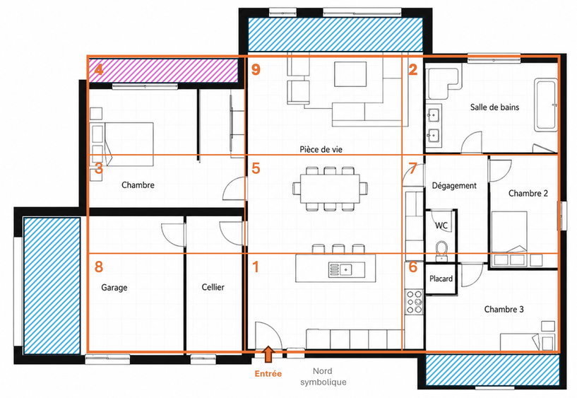 Bagua unique posé sur le plan d’une maison avec des zones réduites et des extensions