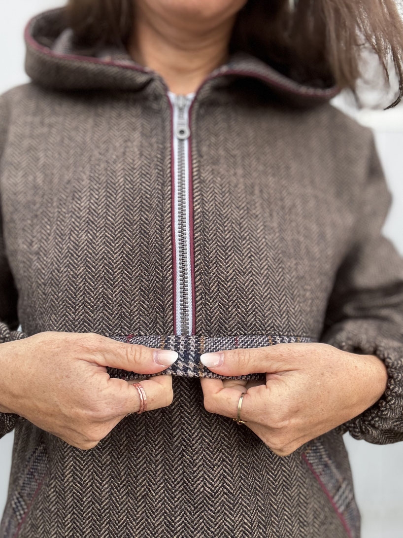 Tweed Glencheck Hoodie Zierleiste Bauchtasche