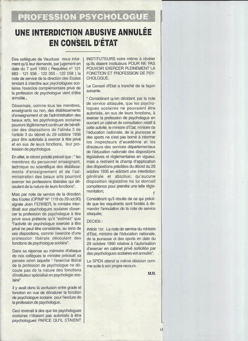 Article sous ma signature paru dans le journal du SPEN de mai-juin 1993 page 9
