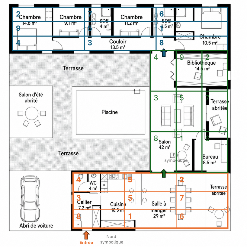 Trois Baguas posés sur le plan d’une maison à la forme complexe