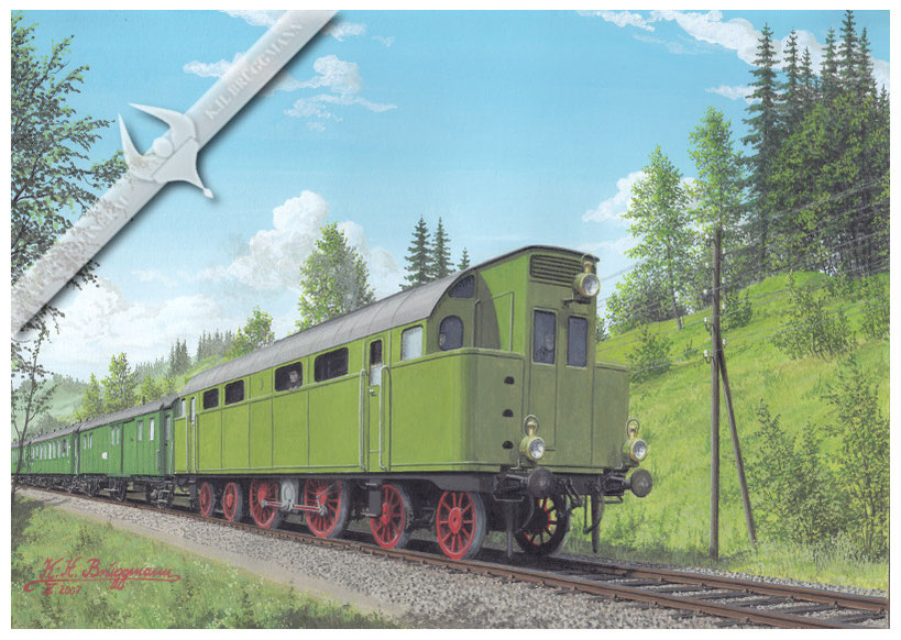 Diesel-Klose-Sulzer Thermolokomotive auf Testfahrt vor einem Regelzug, zwischen Winterthur und Romanshorn, 1913, Aquarell. Erste in Deutschland gebaute Großdiesesllok.