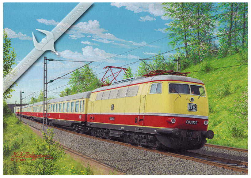 E-Lok DB E 03 002 mit TEE-Zug München - Hamburg in den 60ern, Aquarell