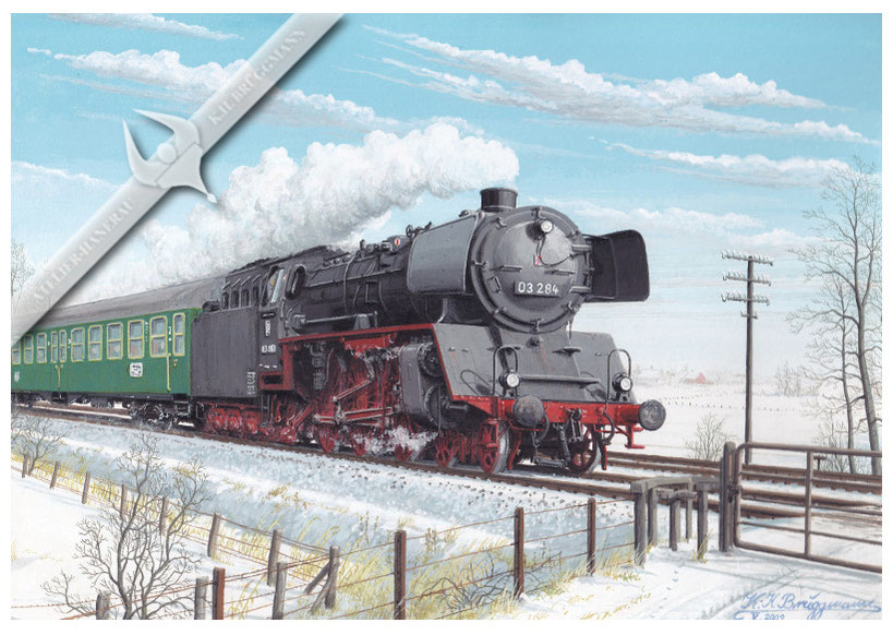 03 284 mit Eilzug Hamburg - Westerland,1959, Aquarell