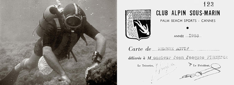 Jean Jacques Fiechter en plongée dans le sud de la France / Carte de membre du Club Alpin Sous-Marin - Crédit : Blancpain