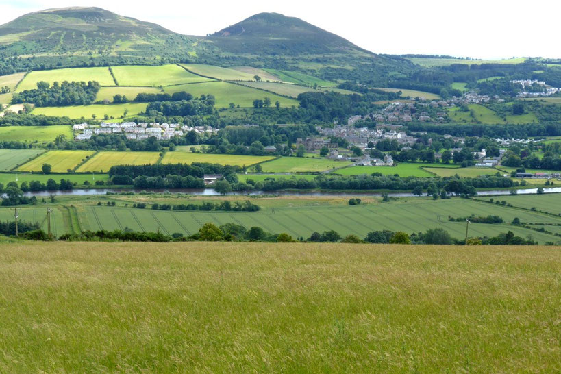 View across the Tweed River valley to the Eildon Hills and Melrose