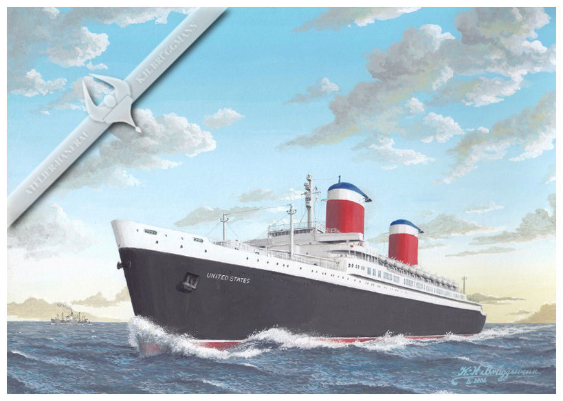 SS" United States " auf Ostkurs nach Europa. Sie war das scnellste Passagierschiff der Welt. Aquarell