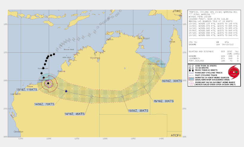Tackmap and details of severe tropical cyclone Ilsa in the Australasian region. From JTWC. April 14 2023.