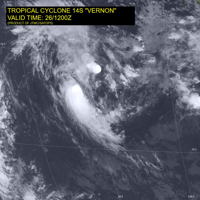 Satellite image of tropical cyclone Vernon near Cocos Islands 27/02/2022. Image from JTWC. 