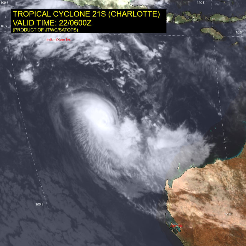 Satellite image of tropical cyclone Charlotte, 22/03/2022. Image from JTWC.