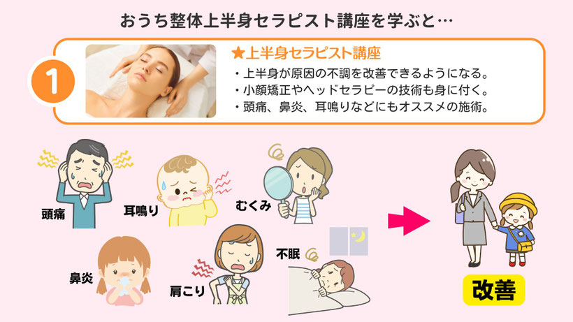 おうち整体上半身セラピスト講座を学ぶとできること（上半身の不調改善・小顔矯正・ヘッドセラピー）