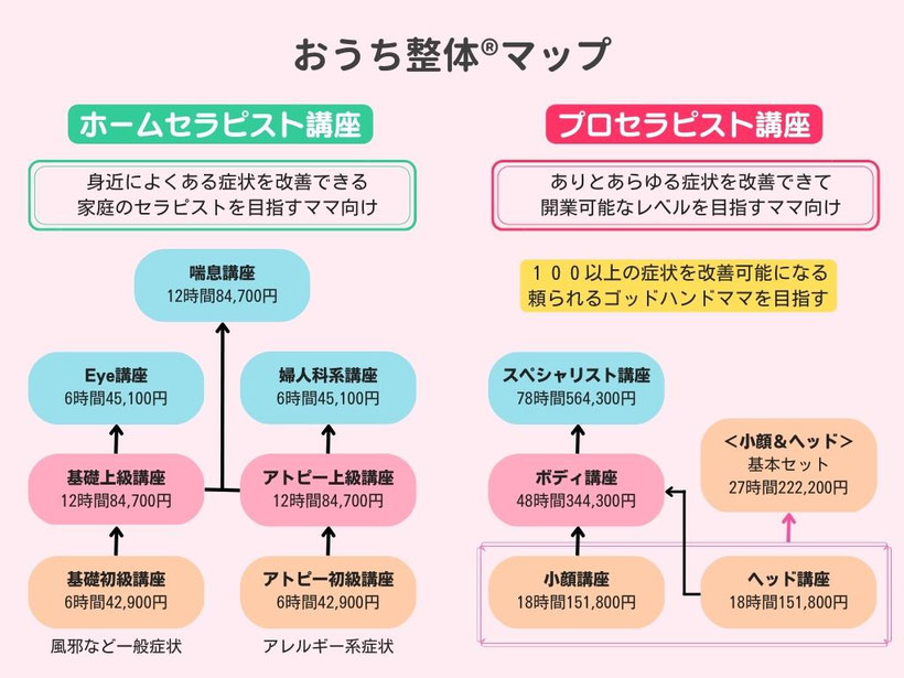 おうち整体全体図（身近によくある症状を改善できるママ向けのホームセラピスト講座）（ありとあらゆる症状を改善できるゴッドハンドママを目指すプロセラピスト講座）