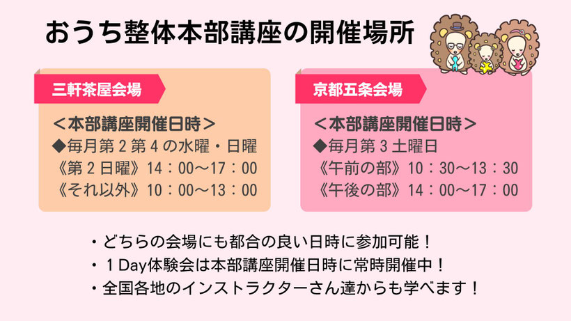 おうち整体本部講座の開催場所（三軒茶屋会場・京都五条会場）