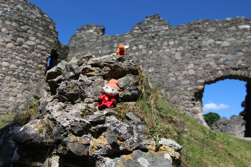 Elchior mit seiner Kollegin Pikku Myy vor dem Inverlochy Castle