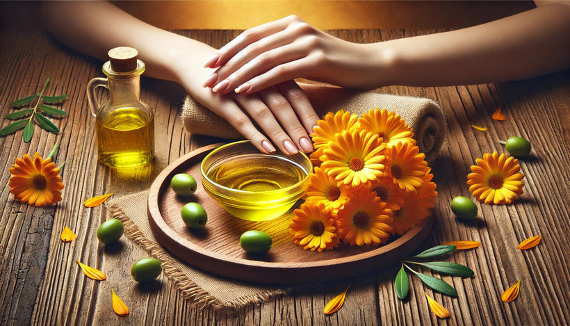 Bio Calendulaöl mit Olivenöl – natürliche Hautpflege mit sonnengelben Ringelblumenblüten und hochwertigem Olivenöl