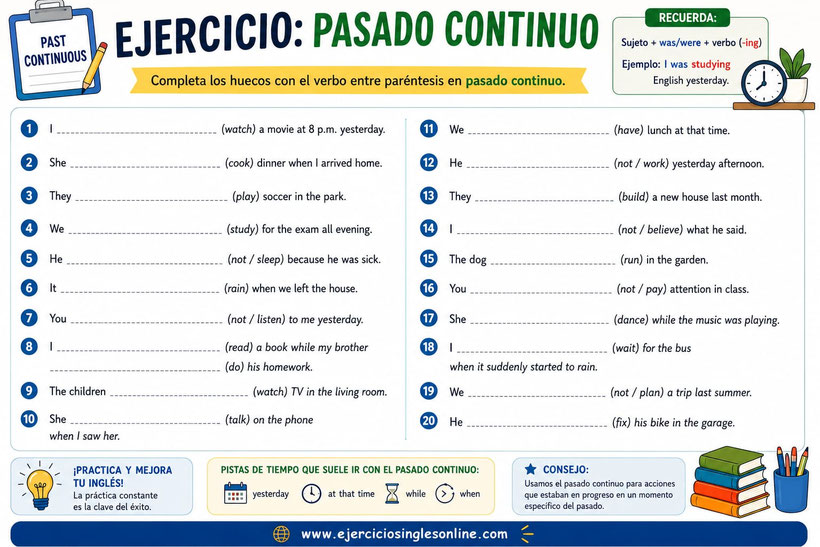 Pasado continuo en inglés - Ejercicio - Ficha para imprimir