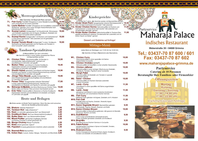 Maharaja Indisches Restaurant Düsseldorf Himmelgeister Str 63 40225 Düsseldorf Speisekarte - Inder indisches Restaurant Maharaja Palace Grimma