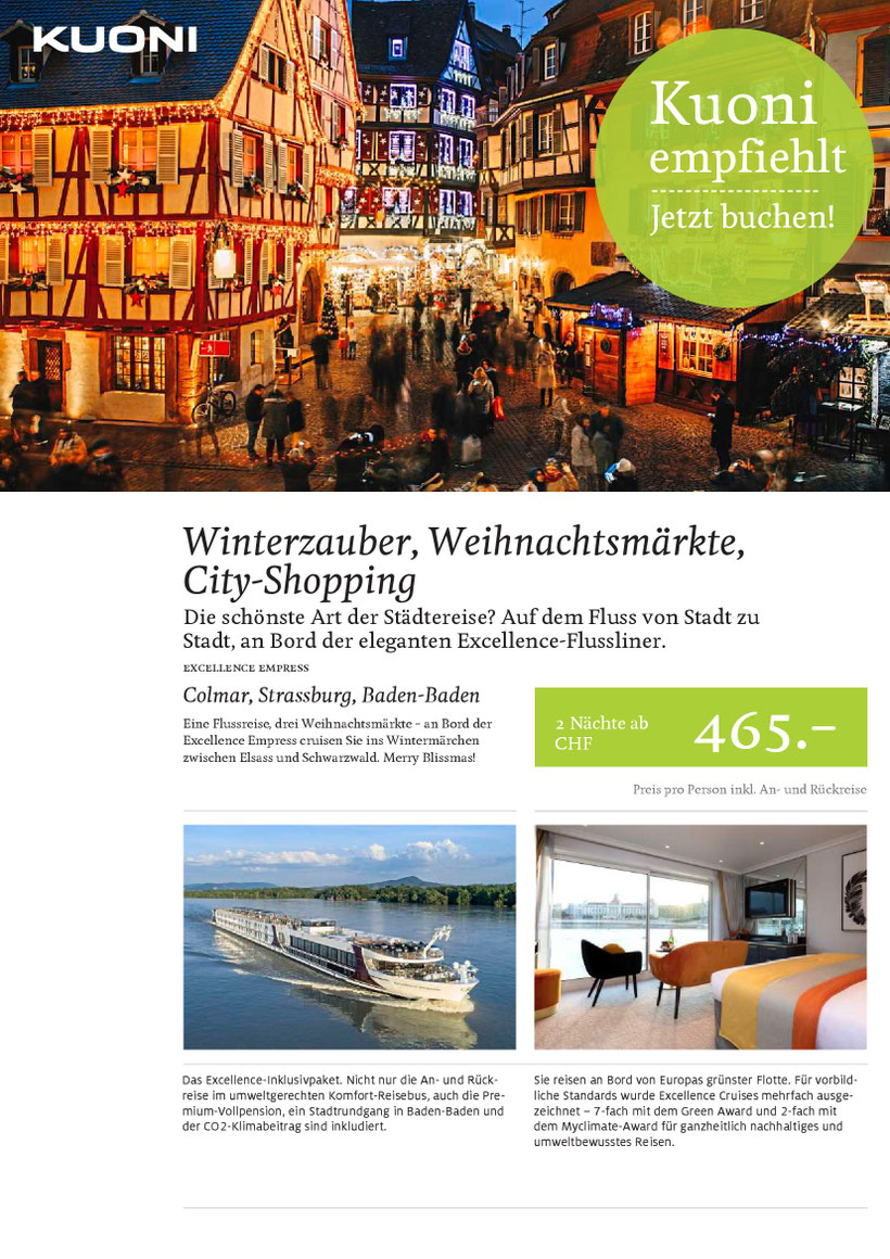 Flussfahrt Cityshopping Colmar Strassburg Baden-Baden Winterzauber erleben jetzt gleich Platz sichern