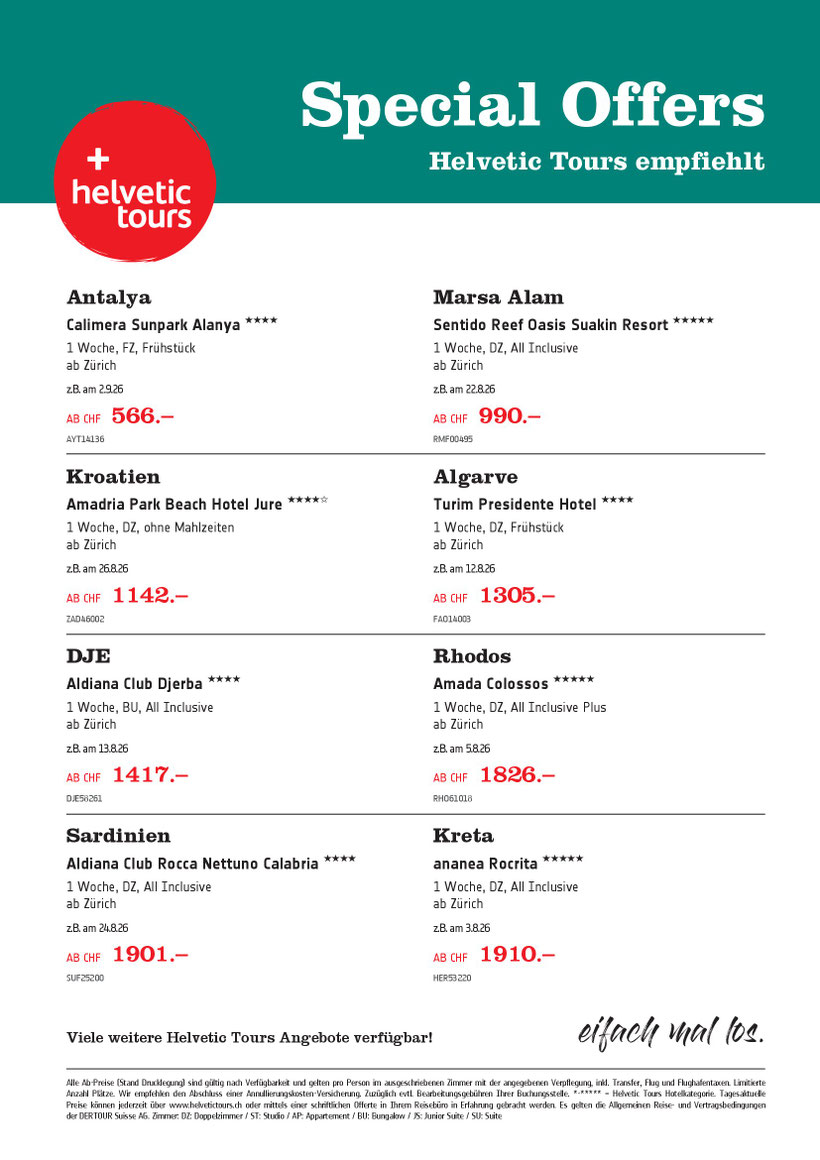 Special Pauschalangebote Antalya Kreta Kroatien Kos Sardinien Djerba Rhodos Algarve Mars Alam Helvetic Tours-TravelBrain Reisen