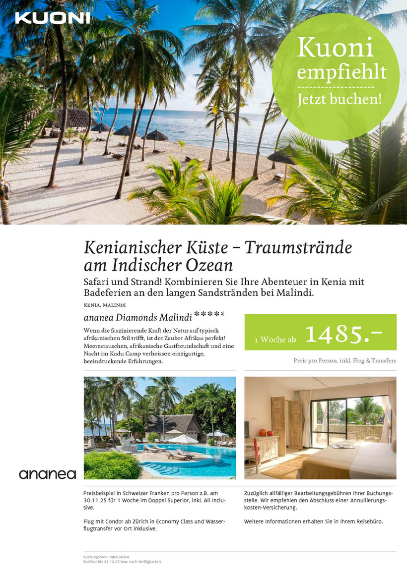 Malindi Kenia weisser Sandstrand Entspannung Herbstspecial 