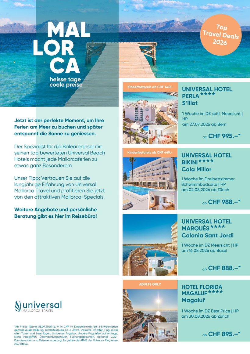 Juli und August 26 Mallorca Travel Deals Universal Reisen - TravelBrain Reisen