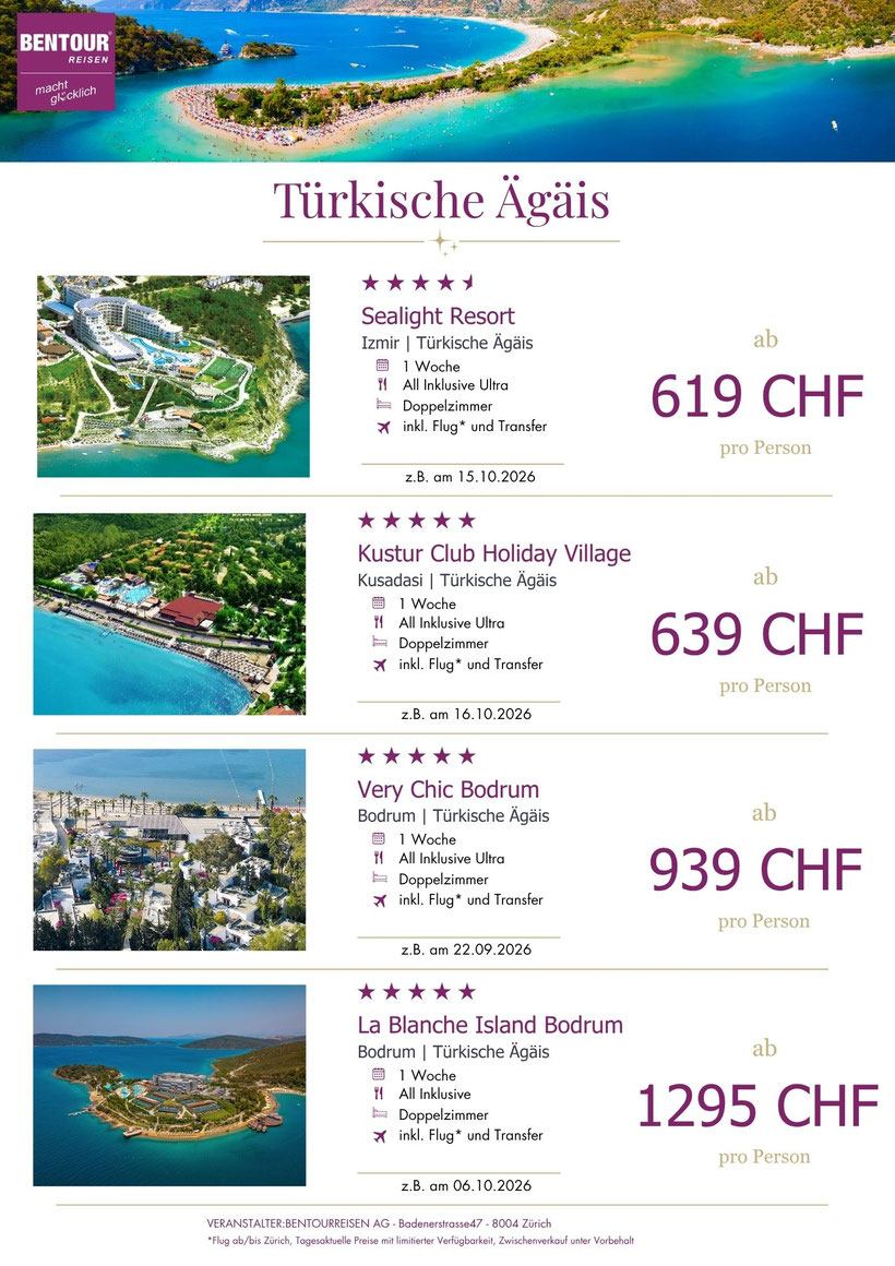 Bentour Türkische Ägäis Angebote mit All Inclusive Hotels und Flug bei Travelbrain Reisen buchen