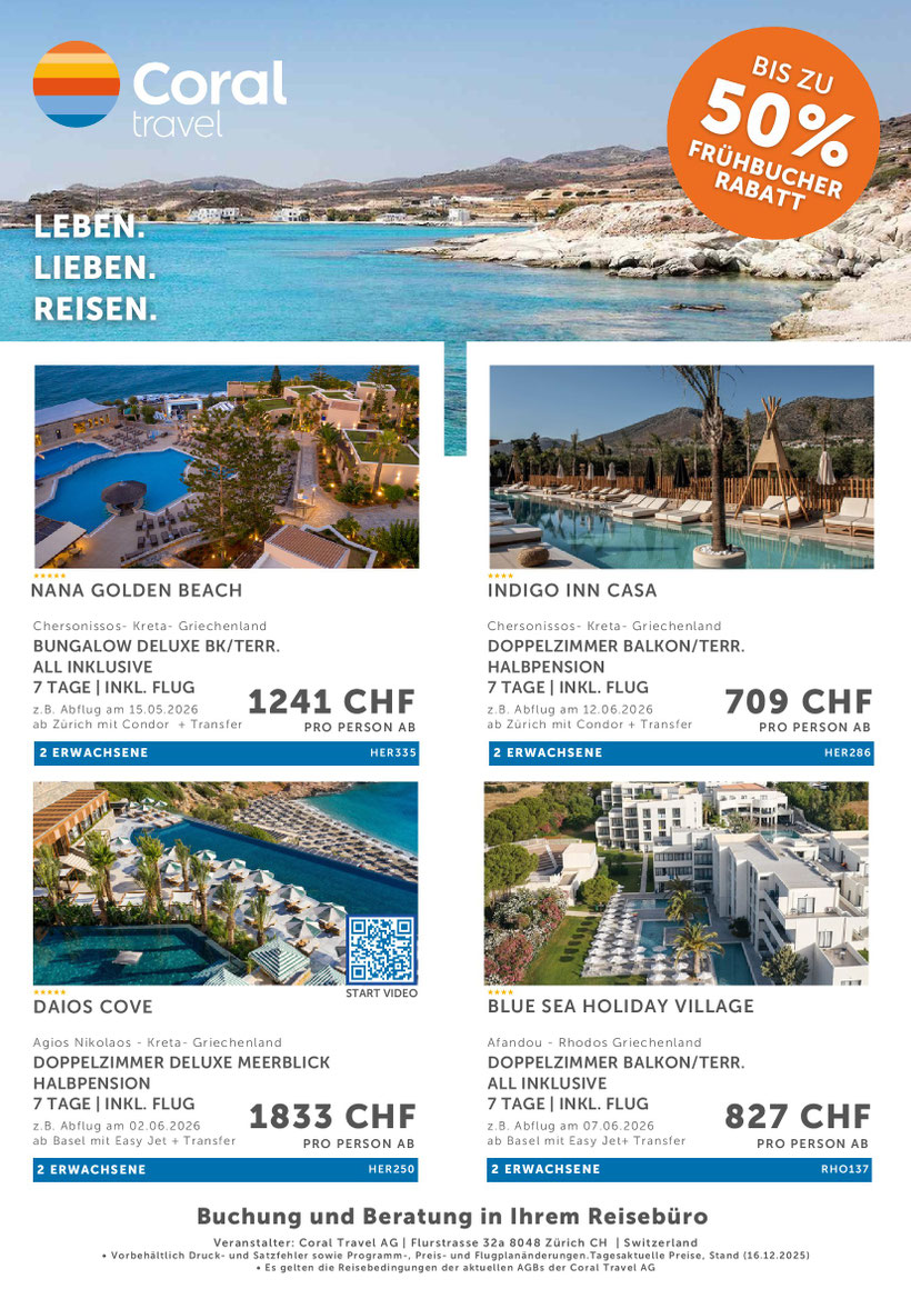 Frühbucherangebote Mai und Juni 26 Kreta Rhodos bis 50 % Rabatt 