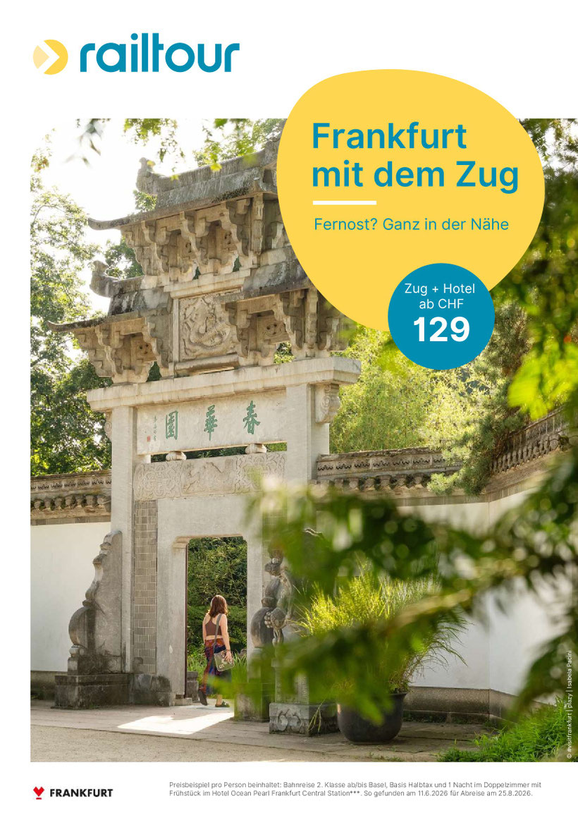 Reise Frankfurt Zug, Bahnreise ab/bis Basel 1 Nacht Hotel im Doppelzimmer mit Frühstück Abreise 25.8.26 ab CHF 129.00 pro Person Railtour - TravelBrain Reisen
