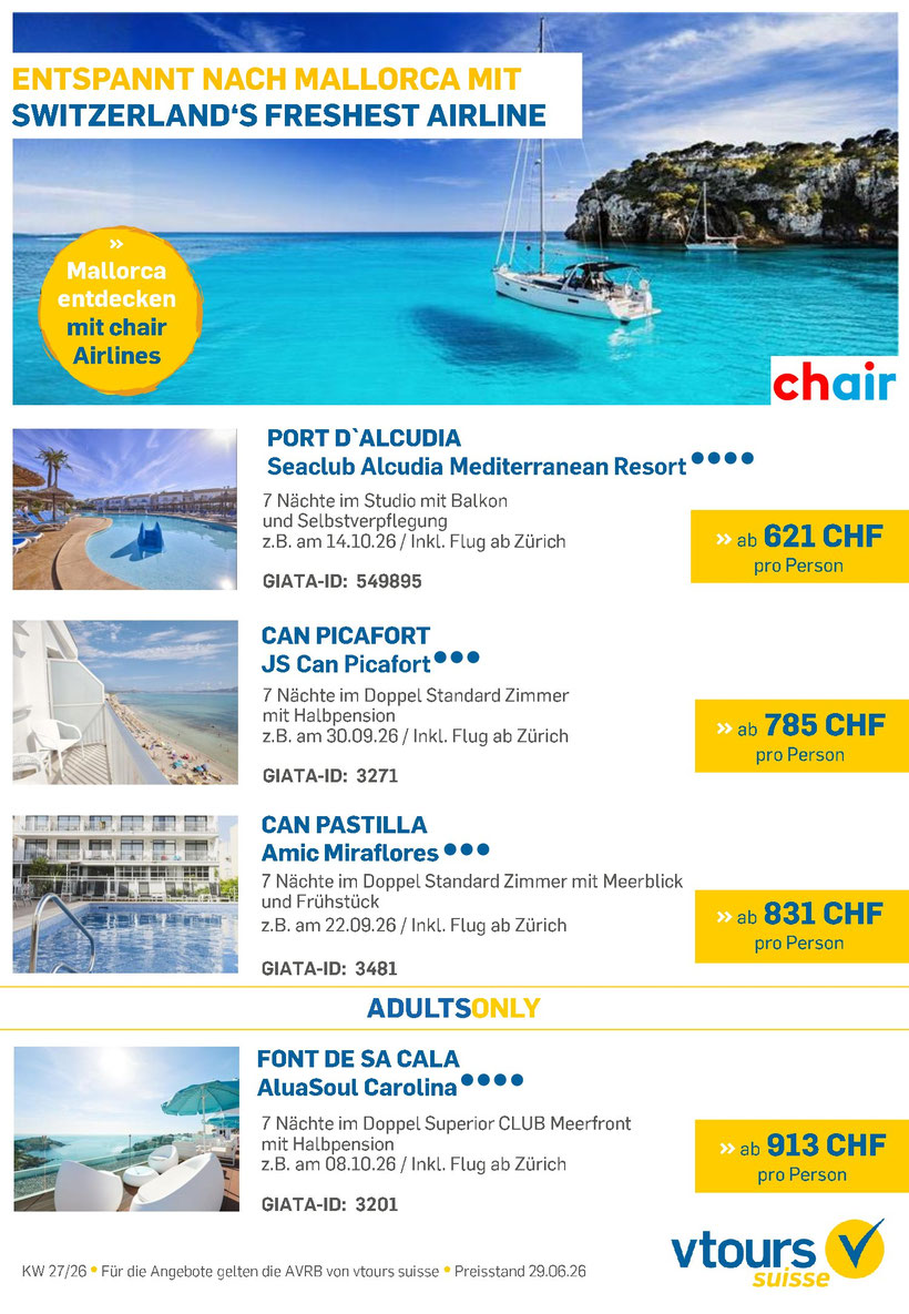 Angebote Flug und Hotel Mallorca September Oktober 26 VTours - TravelBrain Reisen