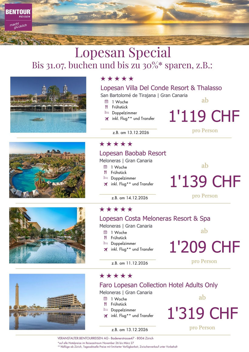 Lopesan Gran Canaria bis 31.7.26 buchen mit 30 % Rabatt z.B. 13.12.26 inkl. Flug 