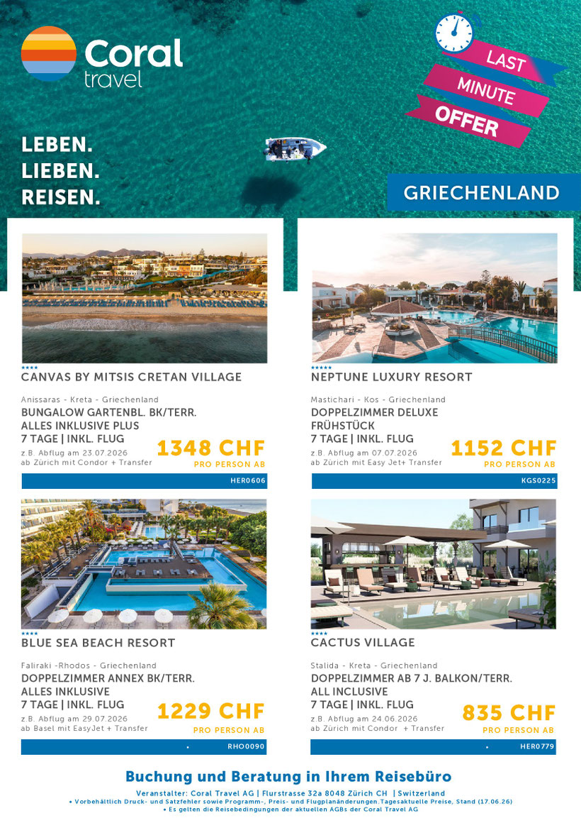 Kreta Kos Rhodos Juli 26 Pauschalreisen Last Minute Coral Travel - TravelBrain Reisen 