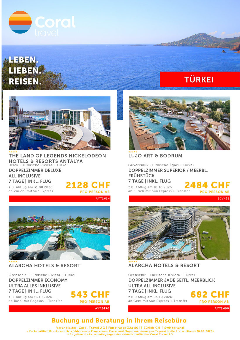 Türkei Ferien Pauschalangebote Deals August Oktober26 