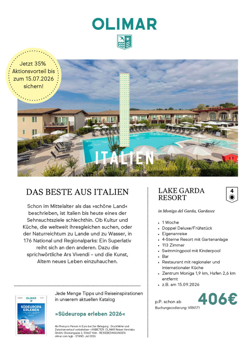 Gardasee 1 Woche 4-Sterne-Resort 15.9.26 ab 406 Euro pro Person im Doppel Deluxe mit Frühstück