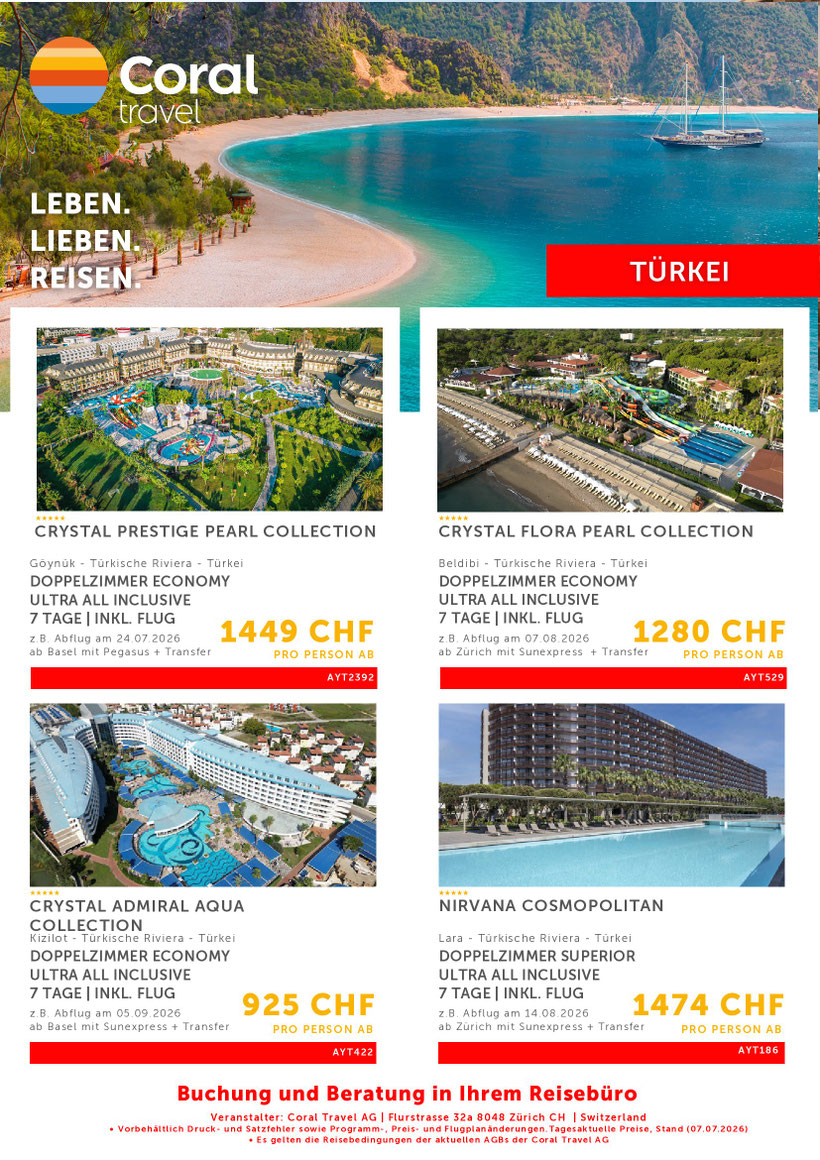 Deals Pauschalangebote Türkische Riviera Juli August September 26 Coral Travel-Travelbrain Reisen