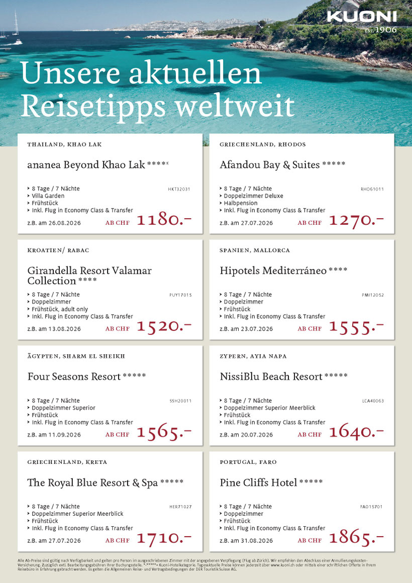 Aktuelle Urlaubshighlights für Juli August September 26 Kuoni Reisen - Travelbrain Reisen 