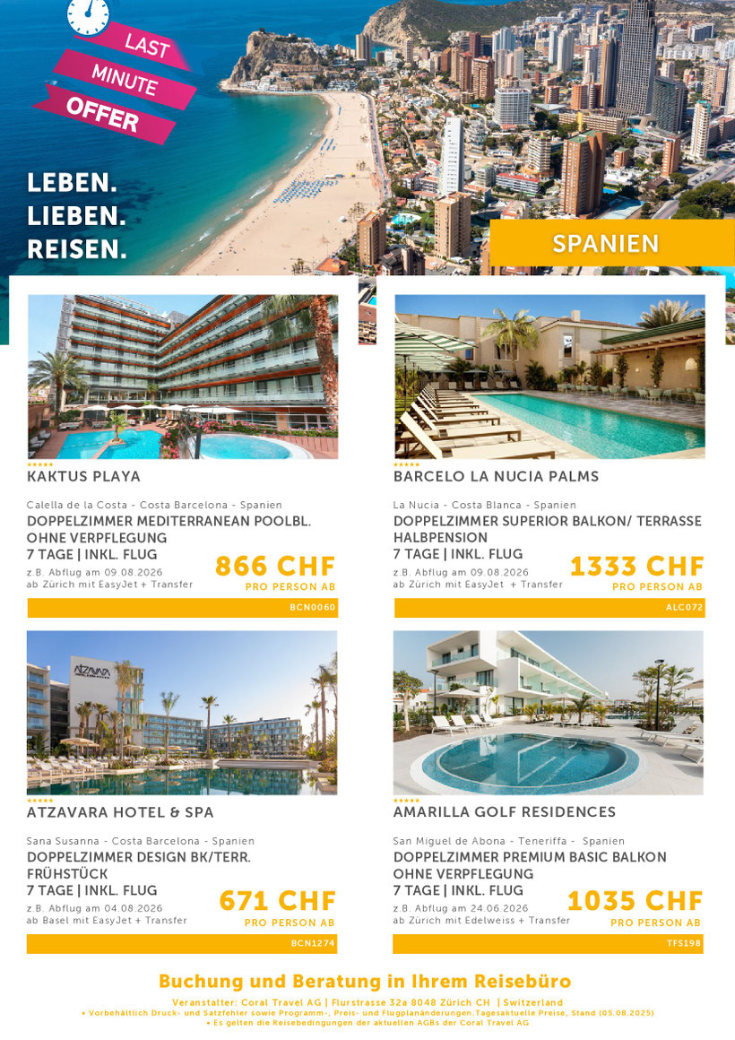 Spanien Angebote August 26 Flug und Hotel von Coral Travel-TravelBrain Reisen