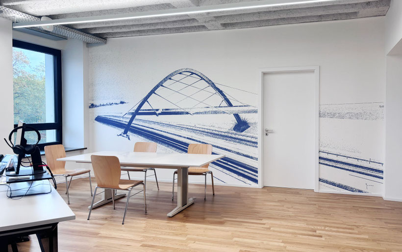 Fototapete mit Wunschmotiv in Wunschgröße in einem modernen Büro mit Wandgestaltung