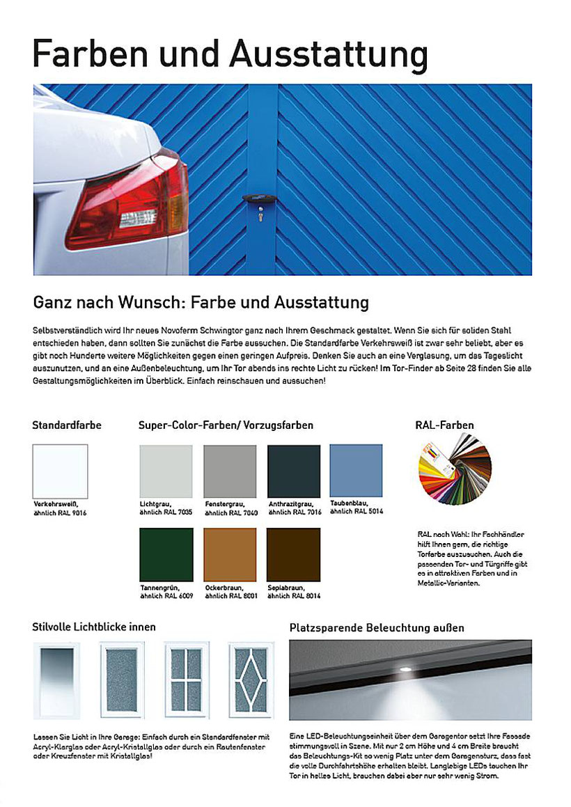 Schwingtor-Ausstattung und Farben