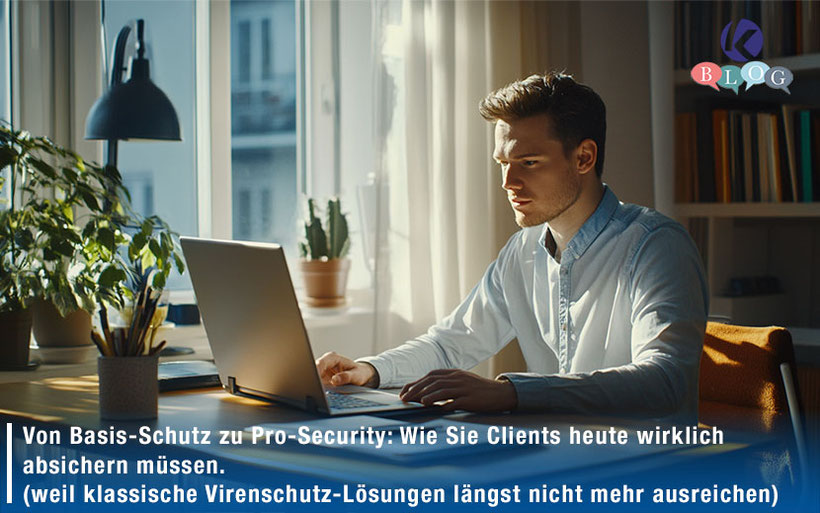 Kanzlei-Mitarbeiter arbeitet konzentriert am Laptop – Symbol für moderne Client-Security und Schutz von Arbeitsplätzen in der Kanzlei.