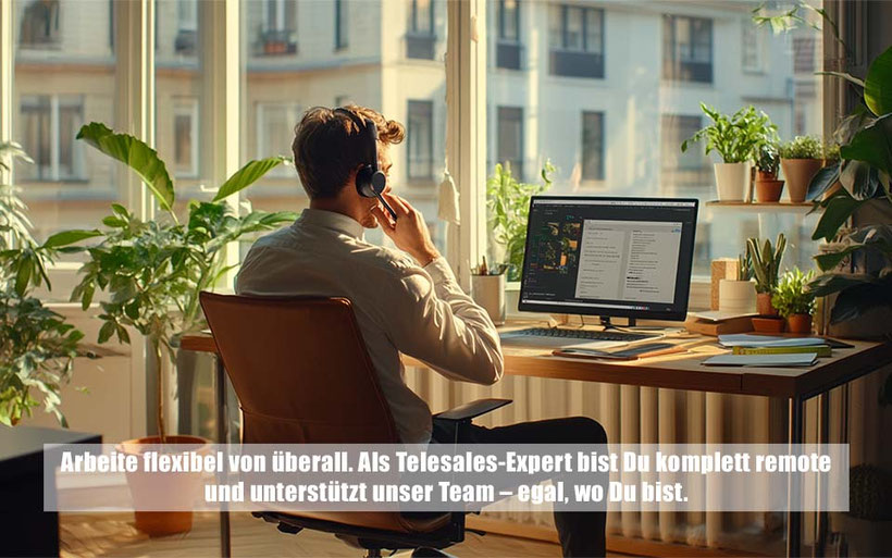 Person arbeitet mit Headset am Schreibtisch im Homeoffice und telefoniert mit potenziellen Kunden – steht für Remote-Telesales und Lead-Qualifizierung bei der Keuthen AG.