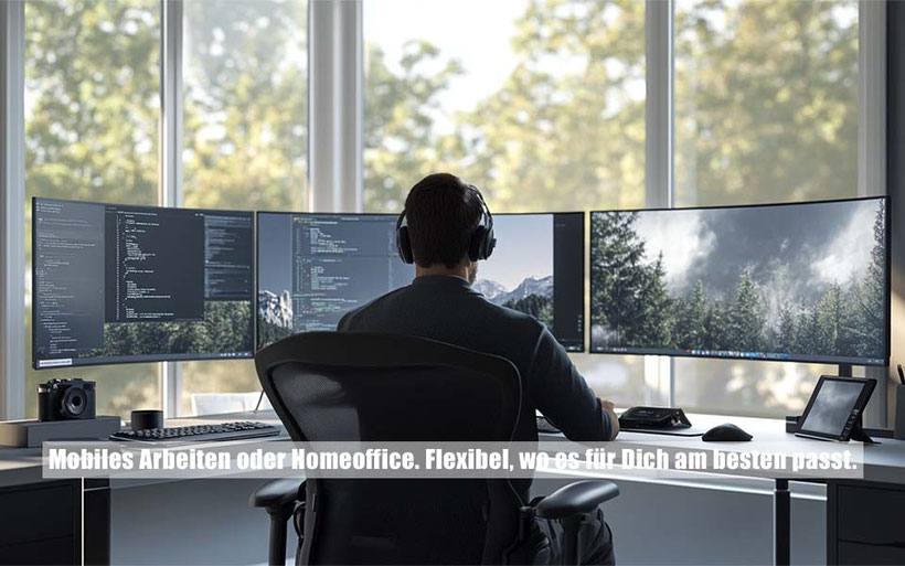 Person arbeitet an einem modernen Arbeitsplatz mit mehreren Monitoren – steht für flexibles Arbeiten und Homeoffice-Möglichkeiten bei der Keuthen AG.