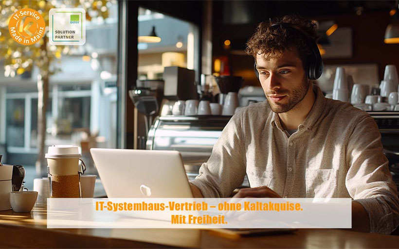 Person arbeitet mit Laptop in entspannter Umgebung (Café/Homeoffice) – steht für flexiblen IT-Vertrieb bei der Keuthen AG mit Fokus auf Kundenbeziehungen statt Kaltakquise.