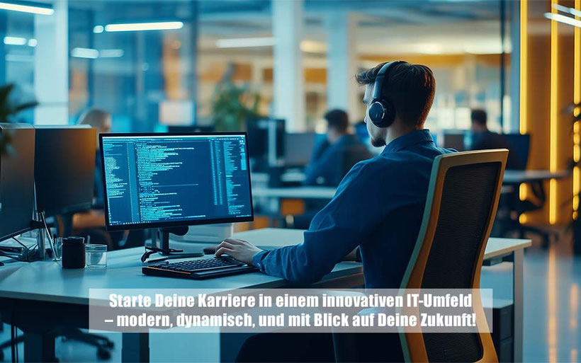 Person arbeitet mit Kopfhörern an einem Computerarbeitsplatz im modernen Büro – steht für den Einstieg als Fachinformatiker für Systemintegration und die Arbeit mit aktuellen IT-Technologien bei der Keuthen AG.