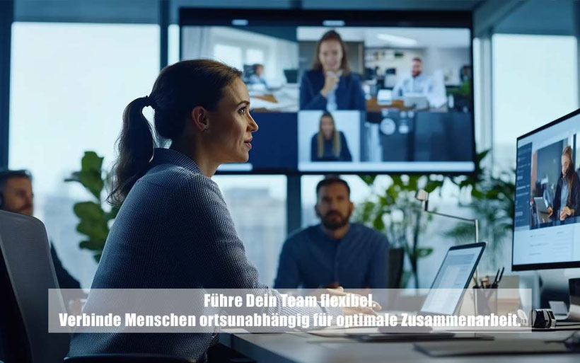 Führungskraft arbeitet am Computer und leitet ein Team über Videokonferenz – steht für moderne, digitale Vertriebsführung und Zusammenarbeit im Sales-Team der Keuthen AG.
