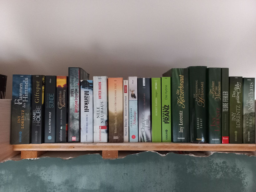 Bücher im Regal nebeneinander aufgestellt
